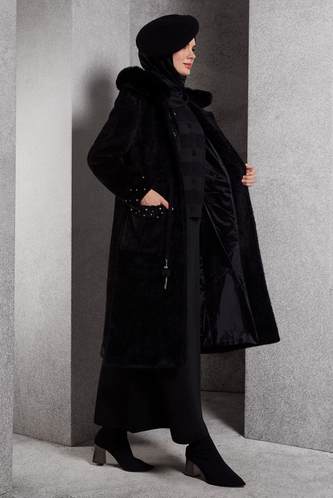 Hijab clothing BLACK FUR DETAILED COAT 90549 - ALVİNA