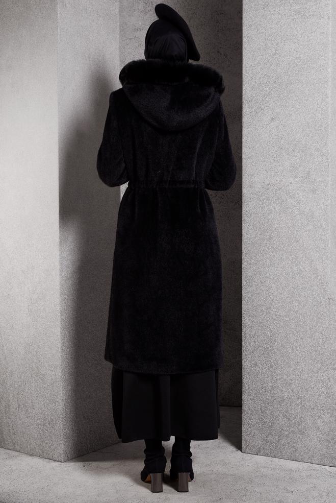 Hijab clothing BLACK FUR DETAILED COAT 90549 - ALVİNA
