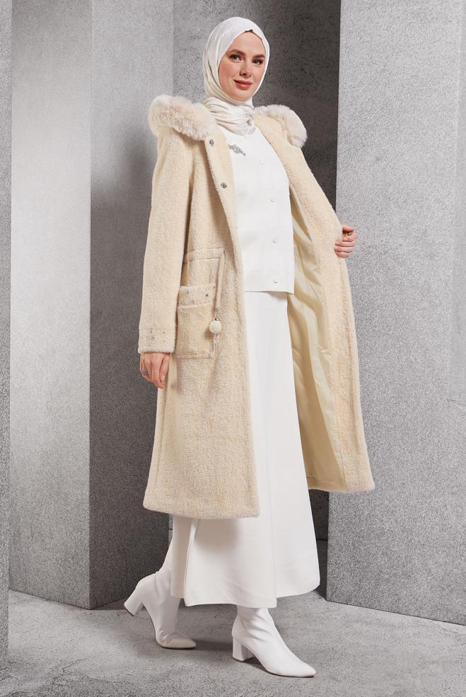 Hijab clothing BROWN FUR DETAILED COAT 90549 - ALVİNA