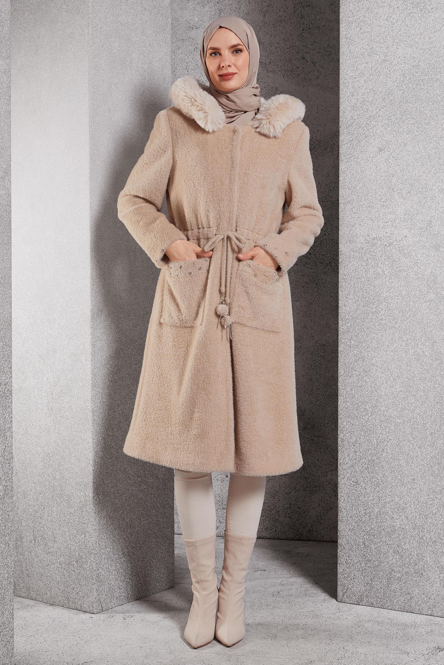 Tesettür giyim KAHVE KÜRK DETAYLI KABAN 90549