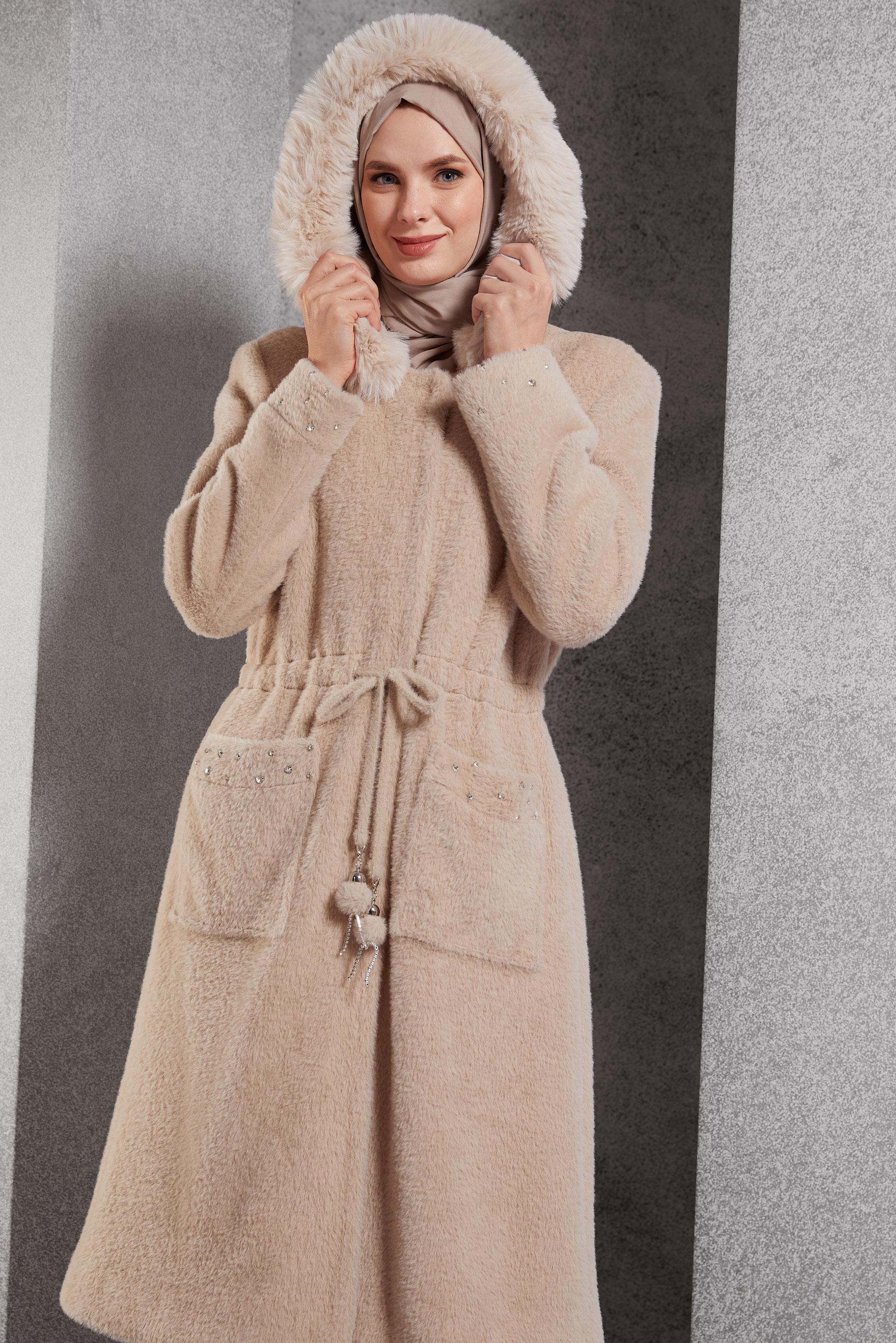 Tesettür giyim KAHVE KÜRK DETAYLI KABAN 90549