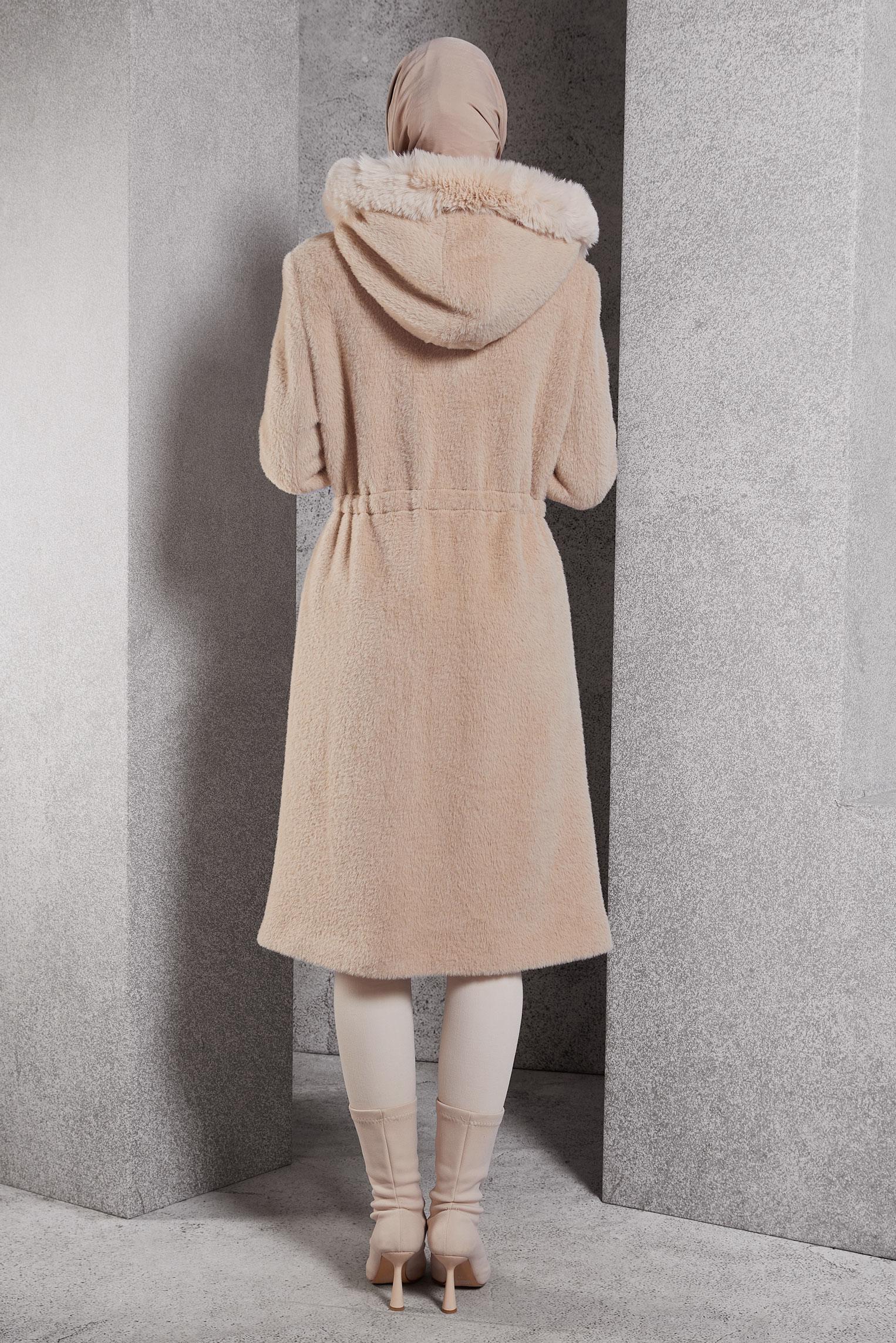 Tesettür giyim KAHVE KÜRK DETAYLI KABAN 90549