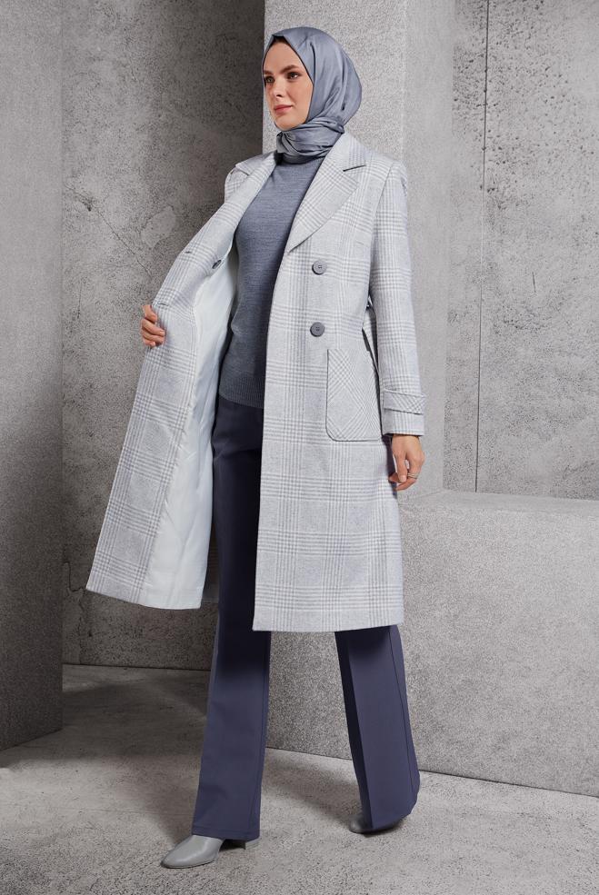 Vêtements hijab GRIS MANTEAU CEINTURÉ 90550 - ALVİNA
