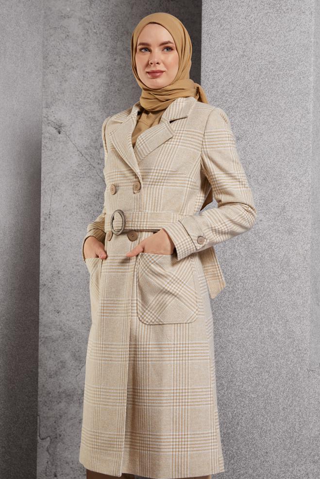Vêtements hijab BRUN MANTEAU CEINTURÉ 90550 - ALVİNA