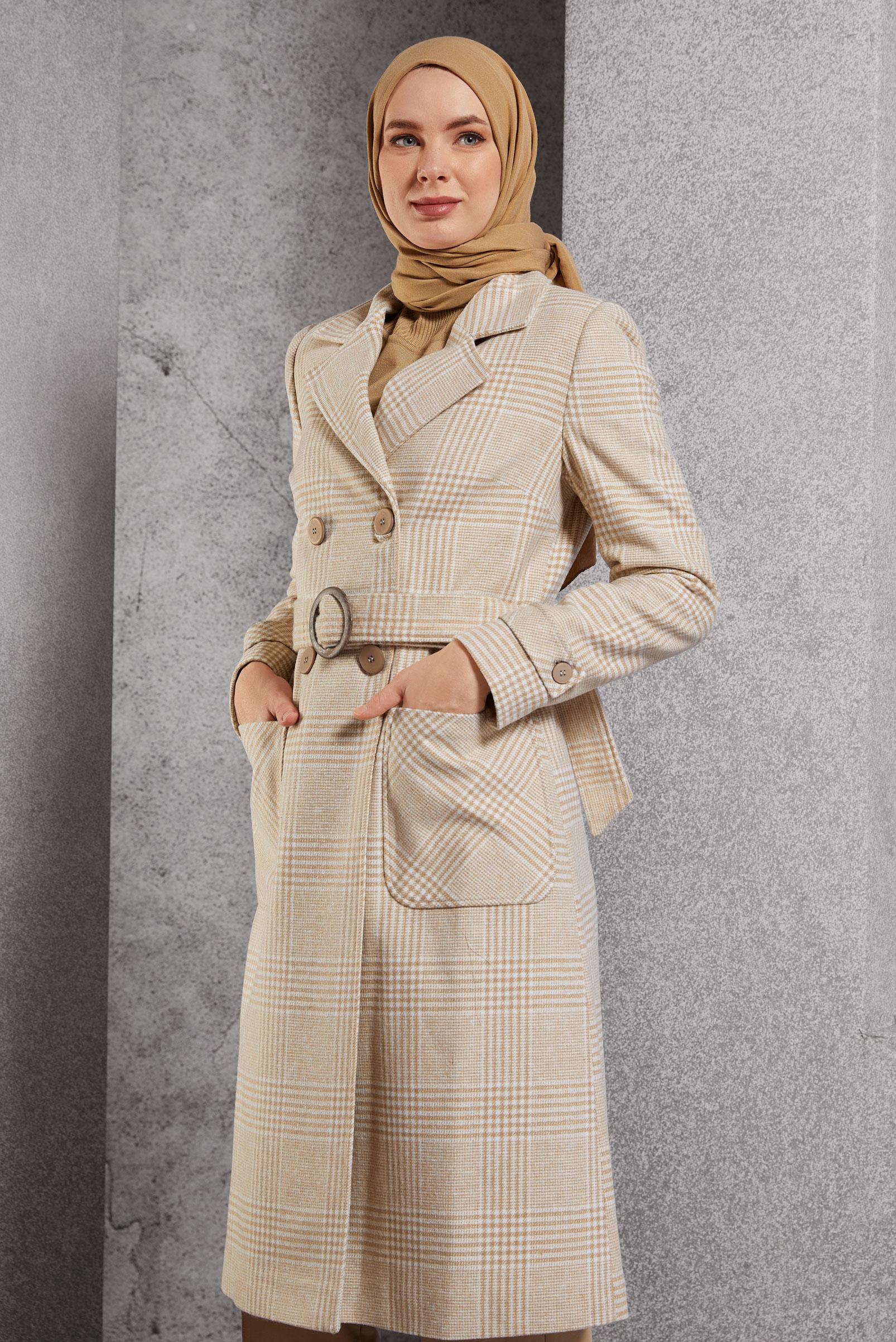 Vêtements hijab BRUN MANTEAU CEINTURÉ 90550