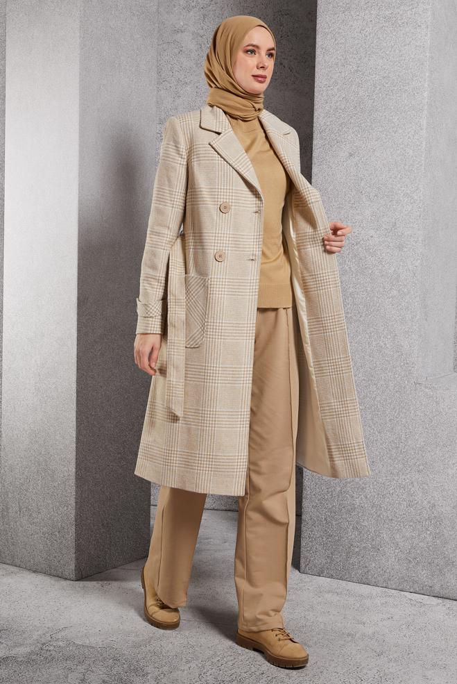 Vêtements hijab BRUN MANTEAU CEINTURÉ 90550 - ALVİNA