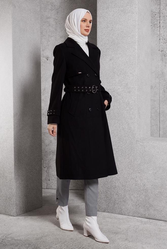 Hijab clothing BLACK BELTED COAT 90551 - ALVİNA
