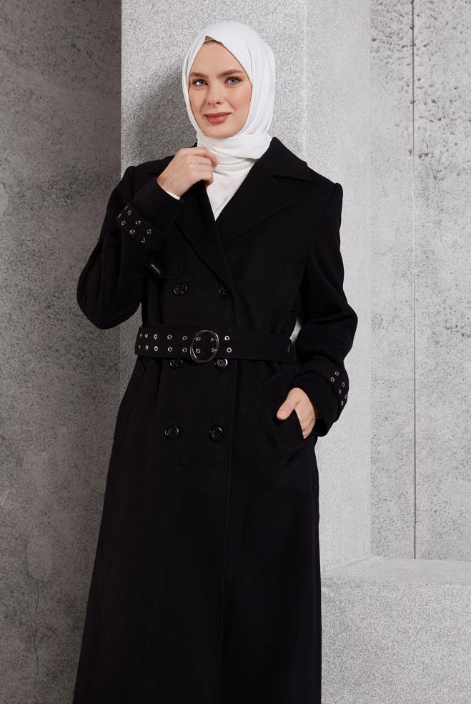 Hijab clothing BLACK BELTED COAT 90551 - ALVİNA