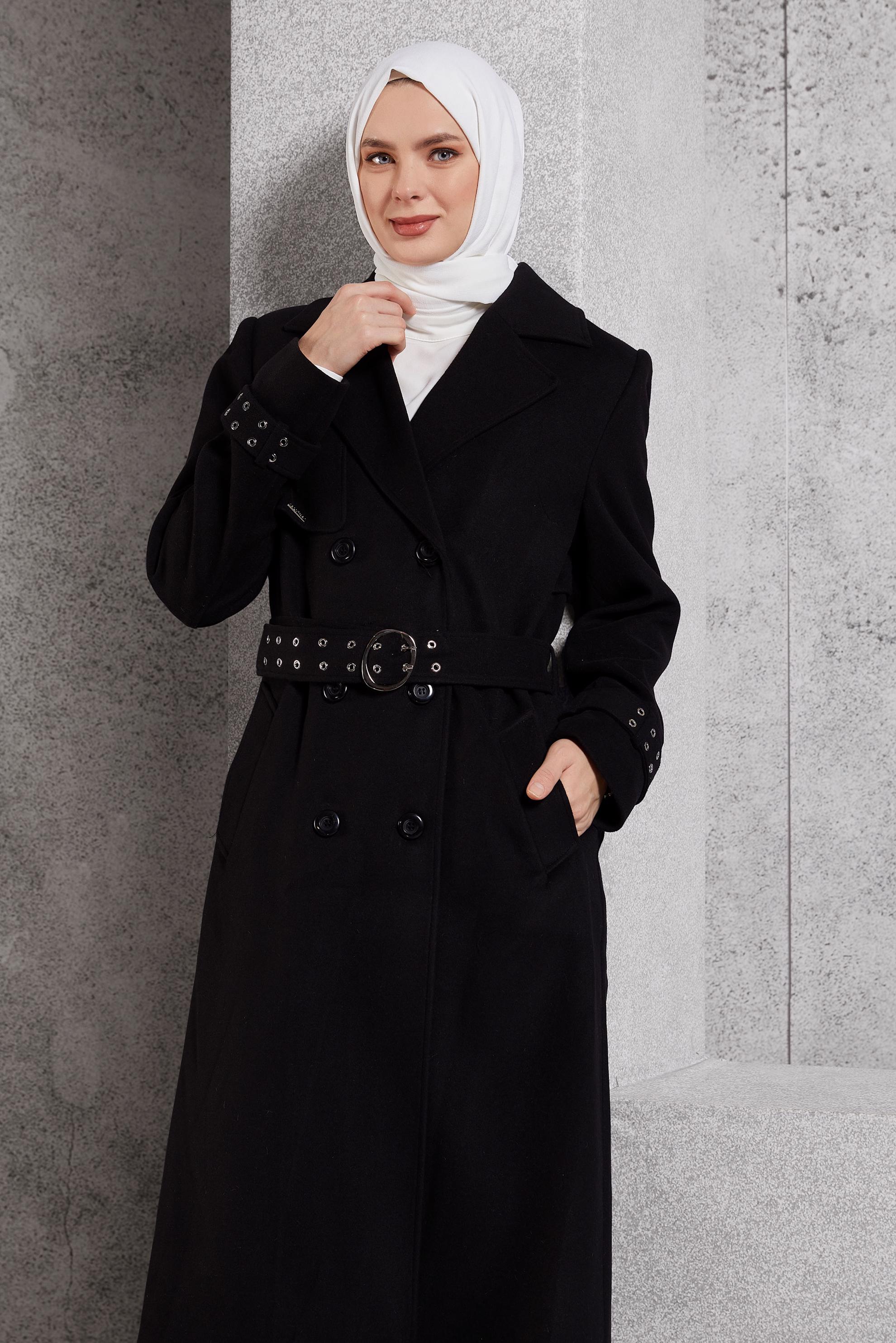 Tesettür giyim SİYAH KEMERLİ KABAN 90551