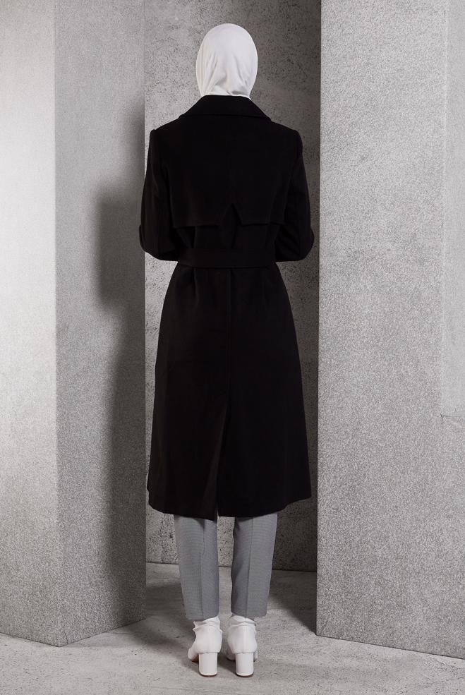 Hijab clothing BLACK BELTED COAT 90551 - ALVİNA