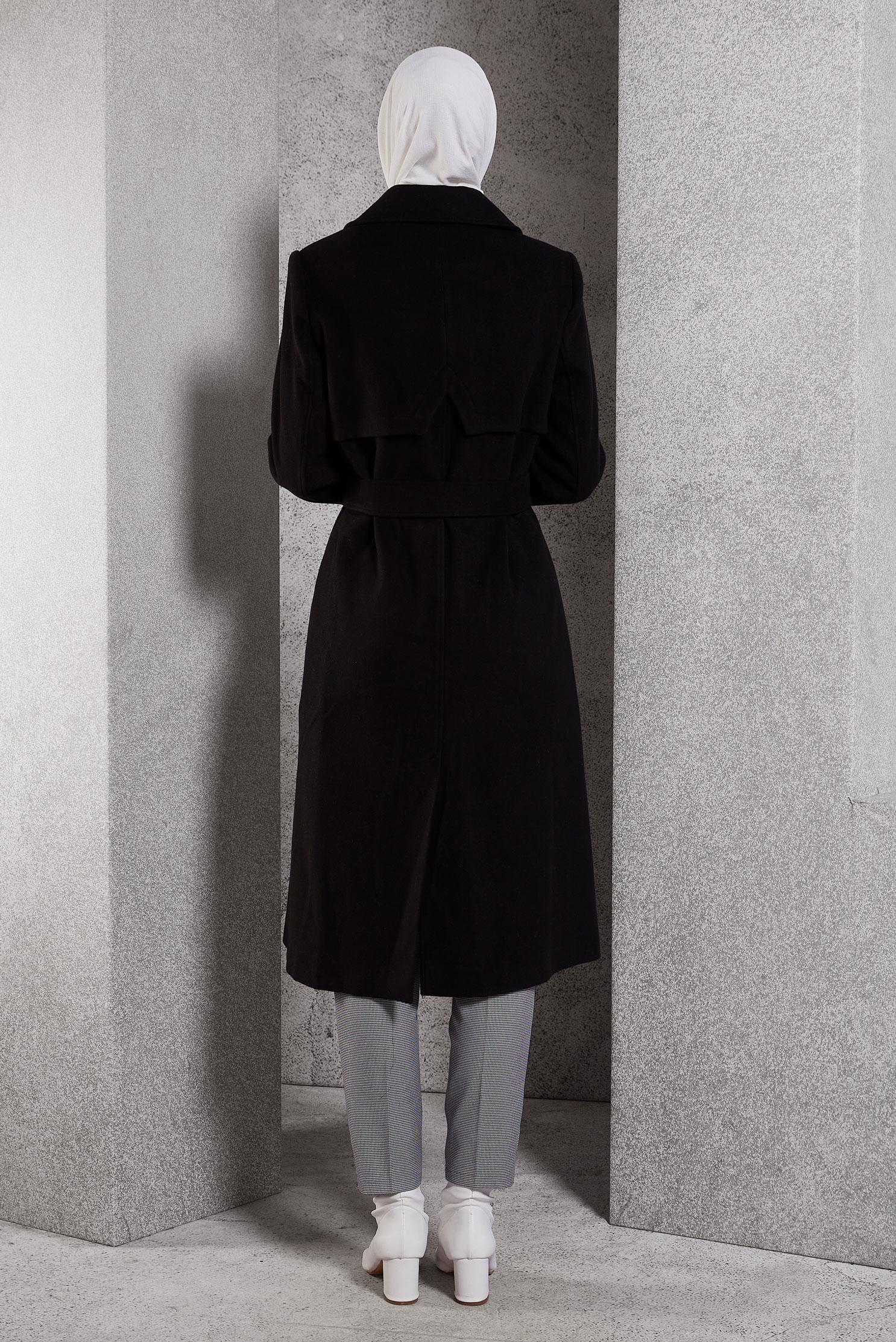 Tesettür giyim SİYAH KEMERLİ KABAN 90551