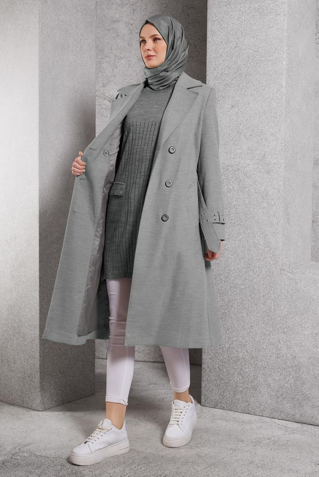 Hijab clothing GREY BELTED COAT 90551 - ALVİNA