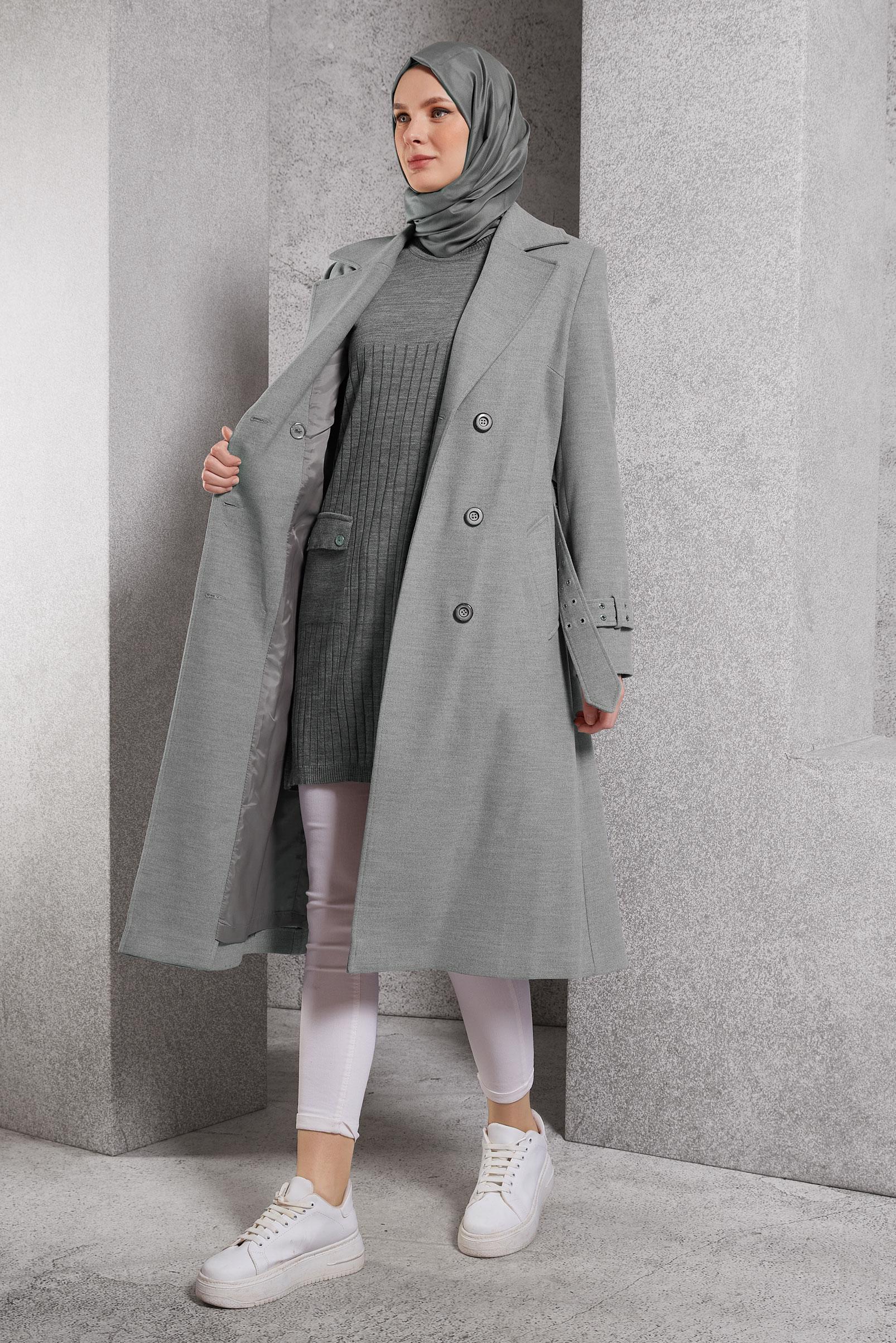 Tesettür giyim GRİ KEMERLİ KABAN 90551