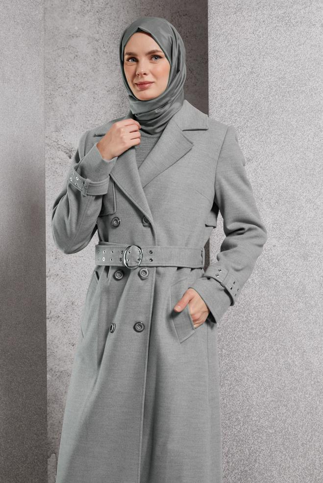 Hijab clothing GREY BELTED COAT 90551 - ALVİNA
