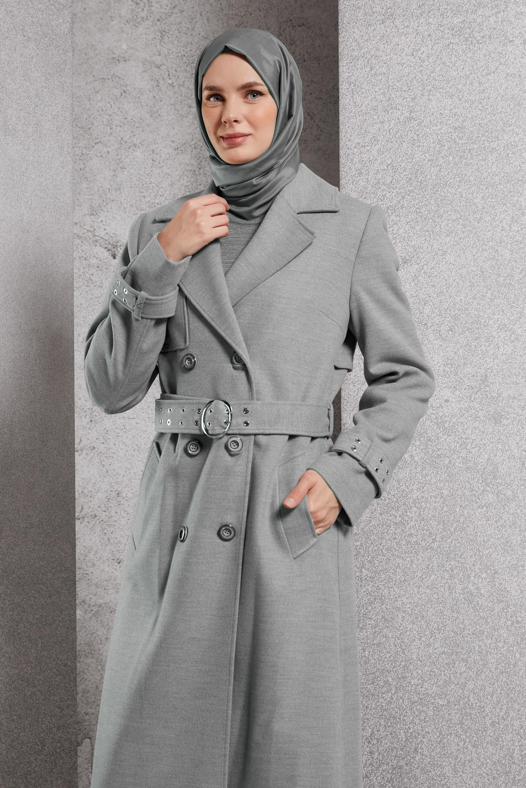 Tesettür giyim GRİ KEMERLİ KABAN 90551
