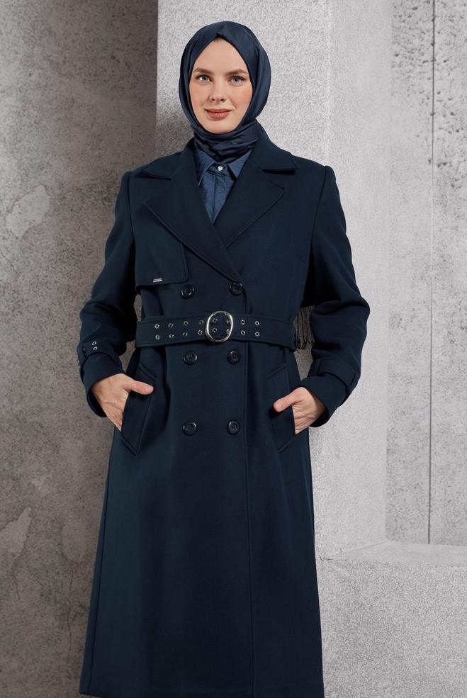 Hijab clothing NAVY BLUE BELTED COAT 90551 - ALVİNA