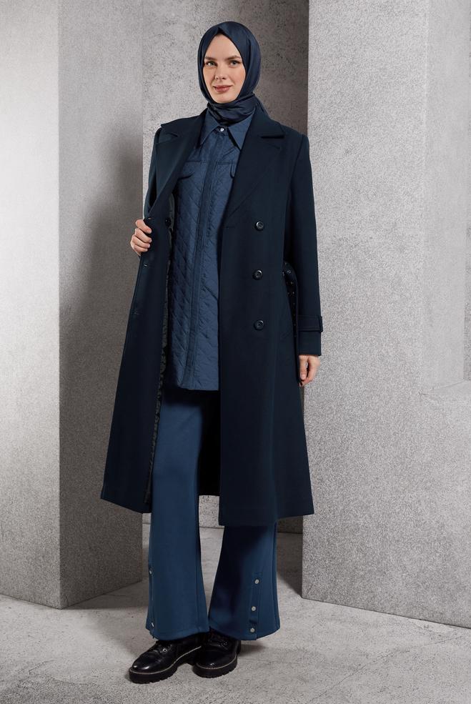 Hijab clothing NAVY BLUE BELTED COAT 90551 - ALVİNA