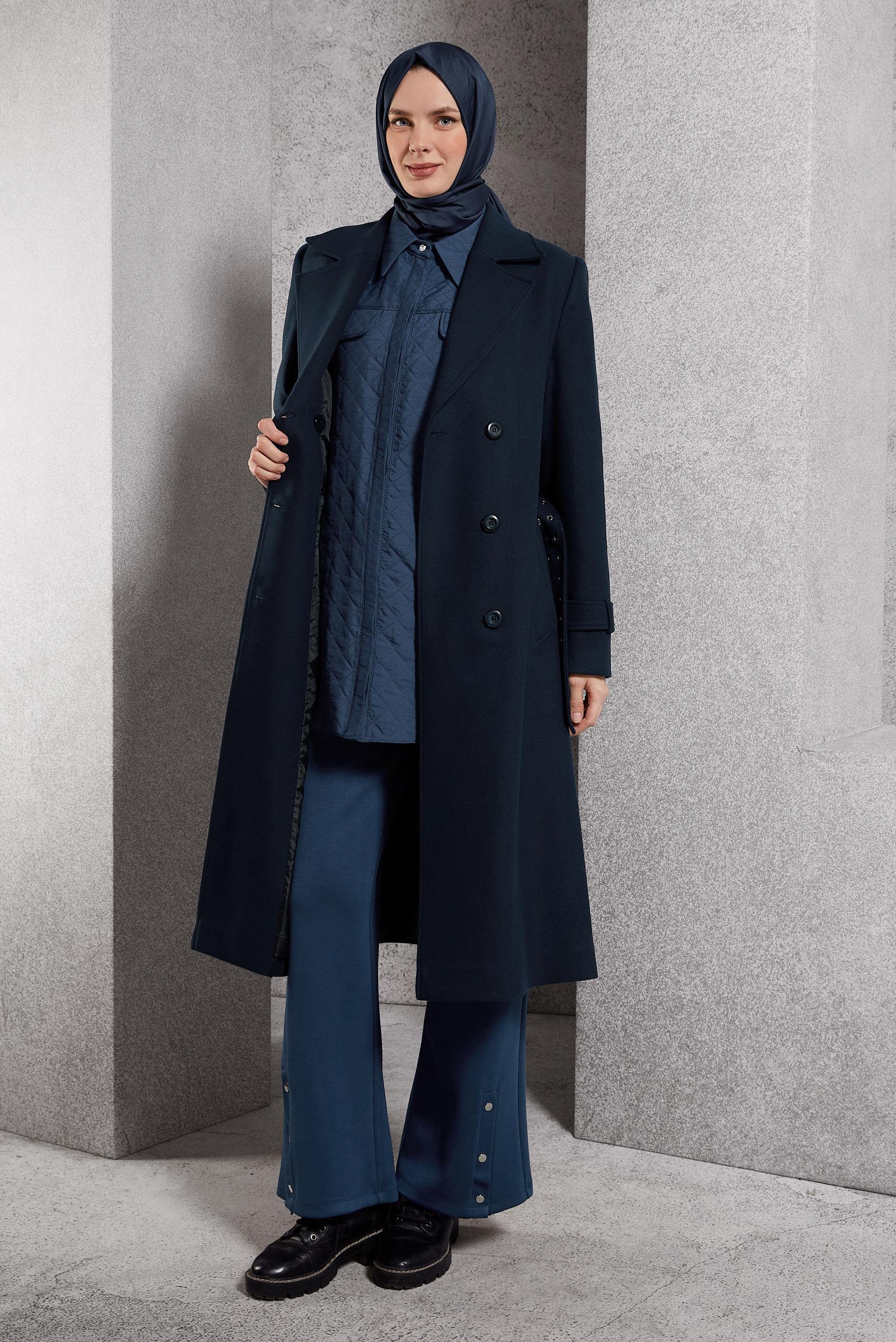Tesettür giyim LACİVERT KEMERLİ KABAN 90551