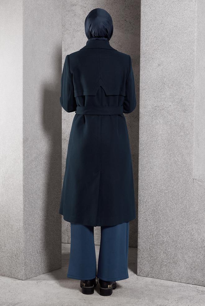 Hijab clothing NAVY BLUE BELTED COAT 90551 - ALVİNA