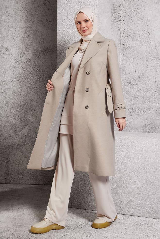 Hijab clothing BEIGE BELTED COAT 90551 - ALVİNA