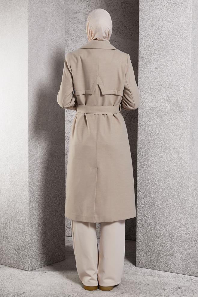Hijab clothing BEIGE BELTED COAT 90551 - ALVİNA