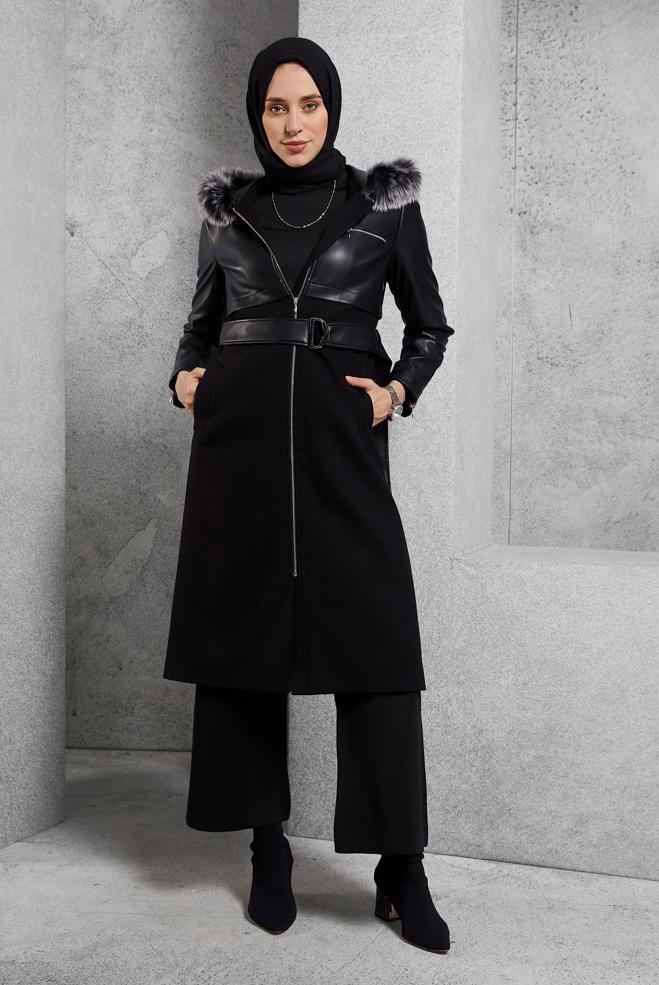 Hijab clothing BLACK BELTED HOODED COAT 90553 - ALVİNA