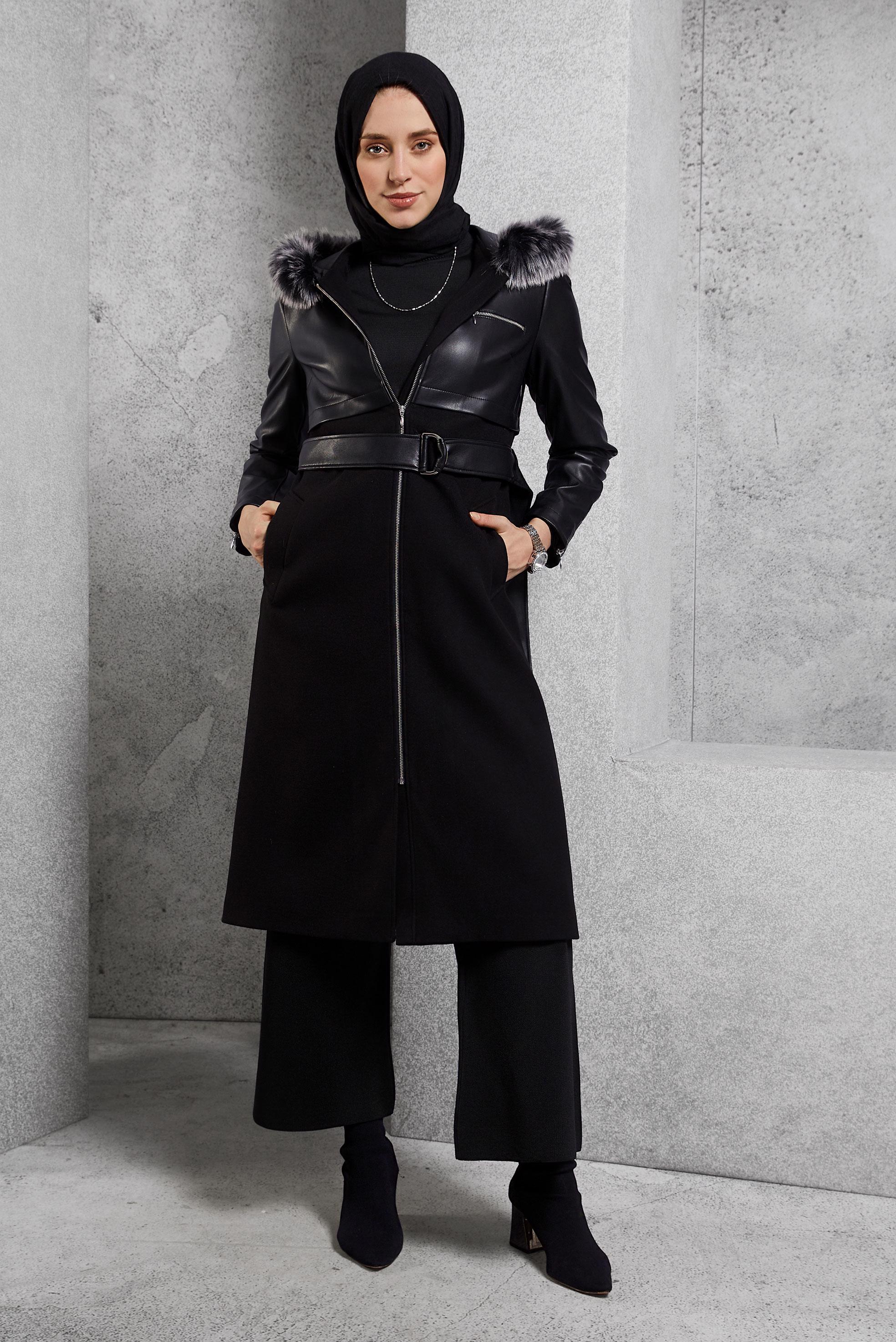 Vêtements hijab NOIR MANTEAU À CAPUCHE CEINTURÉ 90553