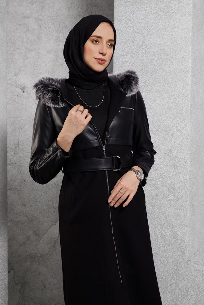 Hijab clothing BLACK BELTED HOODED COAT 90553 - ALVİNA