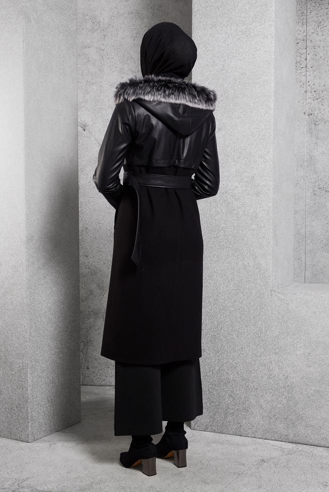 Hijab clothing BLACK BELTED HOODED COAT 90553 - ALVİNA