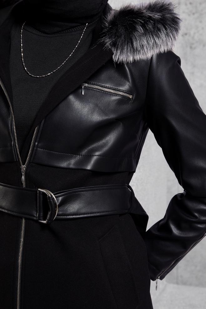 Hijab clothing BLACK BELTED HOODED COAT 90553 - ALVİNA
