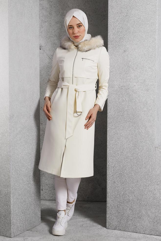 Hijab clothing WHITE BELTED HOODED COAT 90553 - ALVİNA