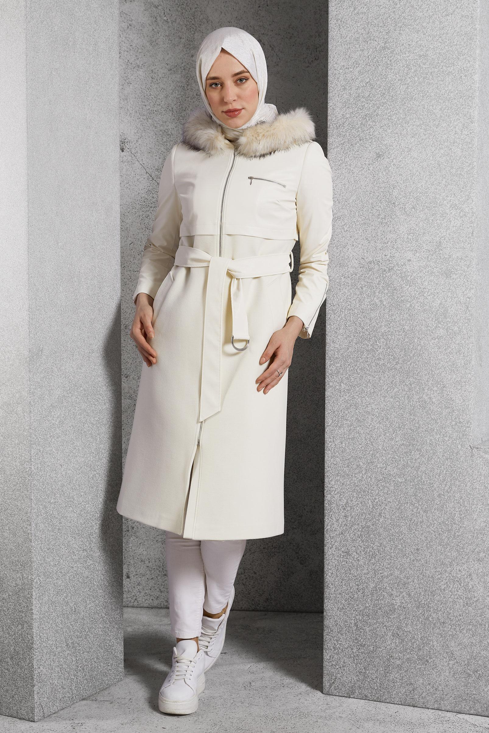 Hijab clothing WHITE BELTED HOODED COAT 90553