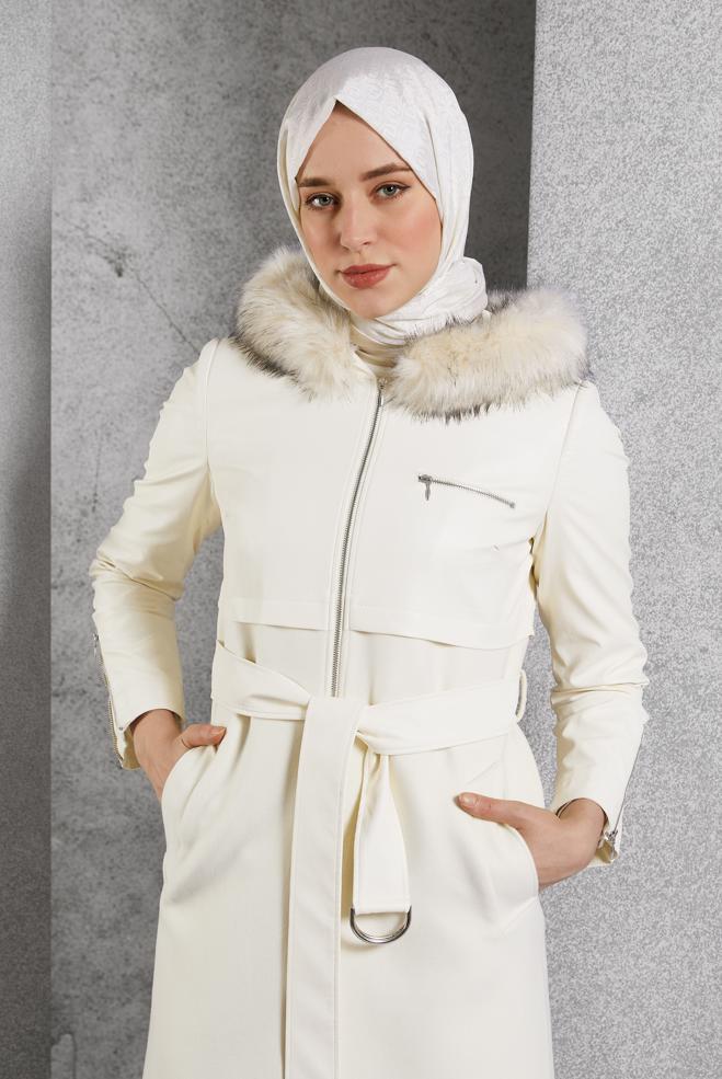 Hijab clothing WHITE BELTED HOODED COAT 90553 - ALVİNA