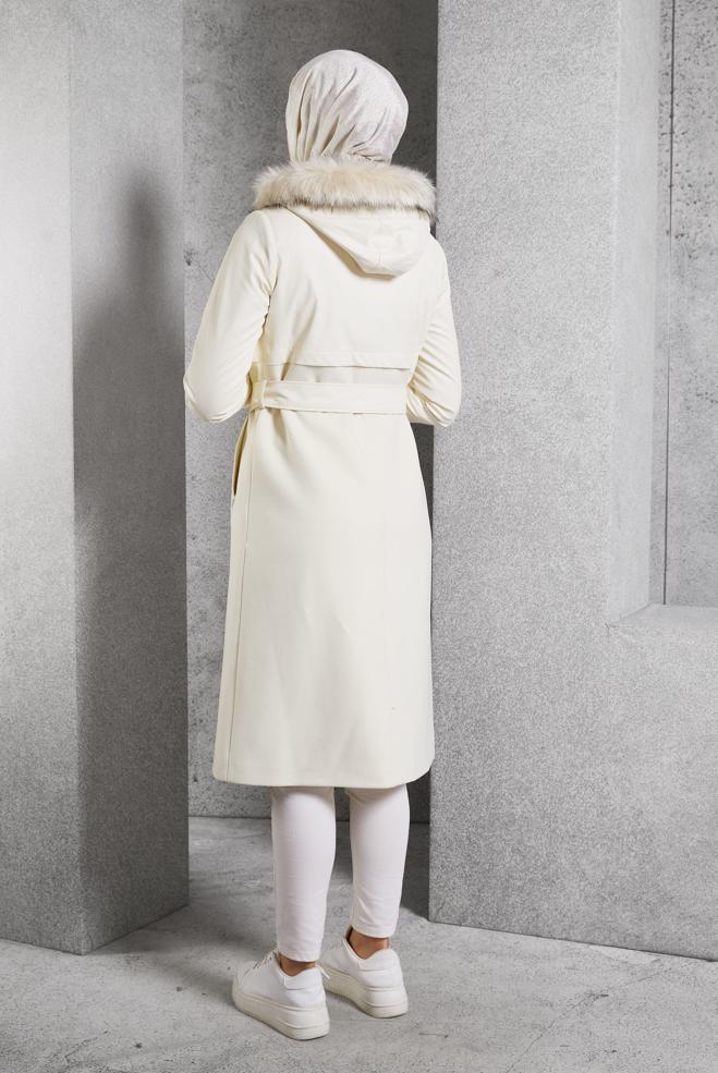 Hijab clothing WHITE BELTED HOODED COAT 90553 - ALVİNA