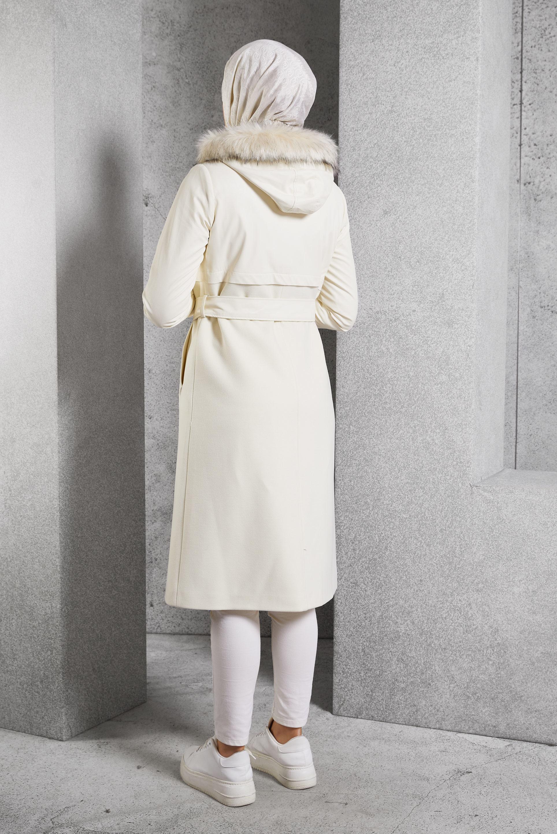 Hijab clothing WHITE BELTED HOODED COAT 90553