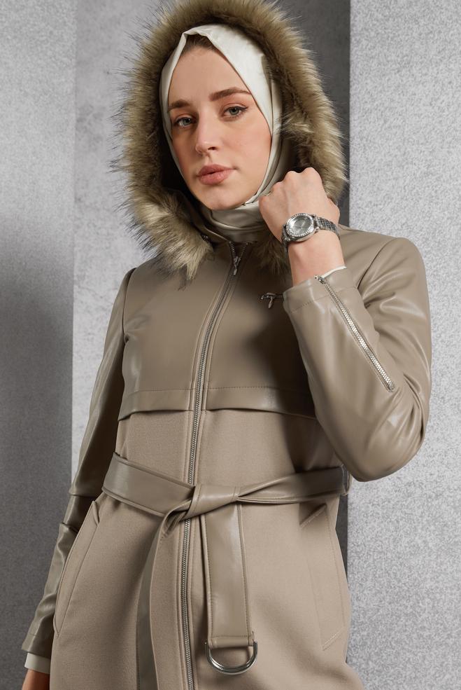 Hijab clothing BROWN BELTED HOODED COAT 90553 - ALVİNA