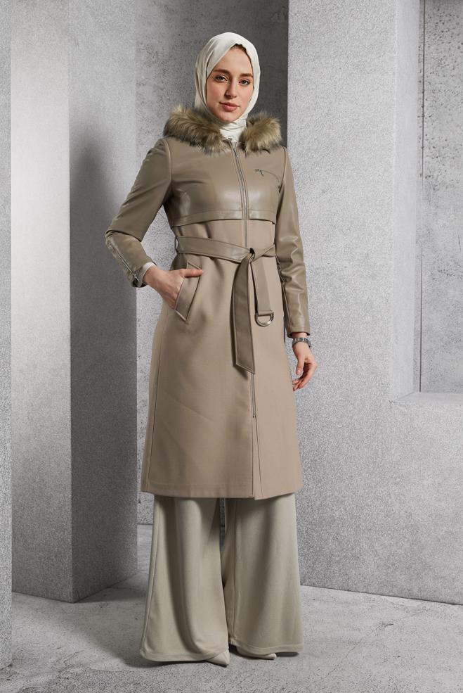 Hijab clothing BROWN BELTED HOODED COAT 90553 - ALVİNA
