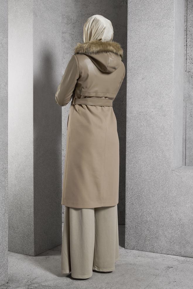 Hijab clothing BROWN BELTED HOODED COAT 90553 - ALVİNA