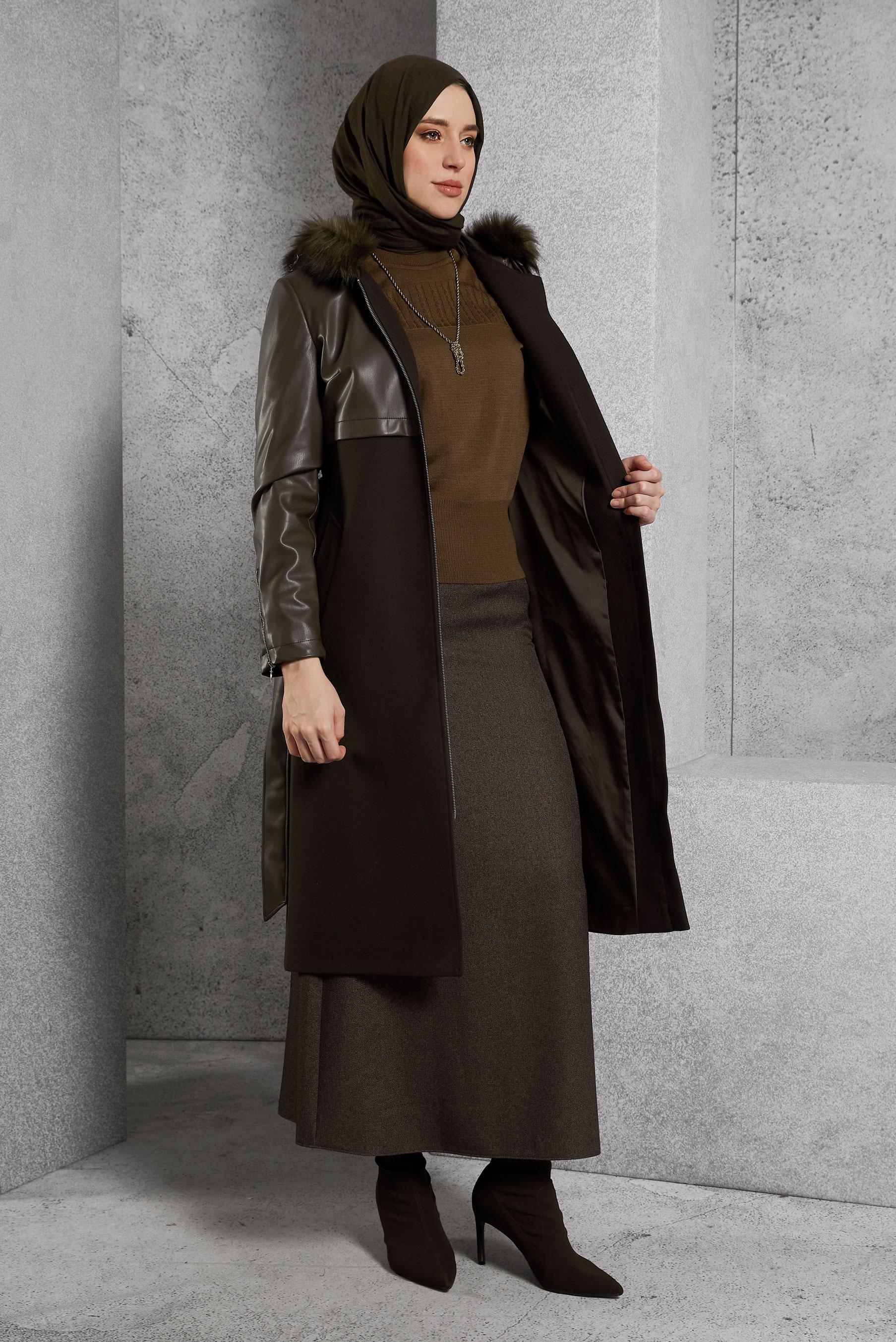 Hijab clothing BROWN BELTED HOODED COAT 90553