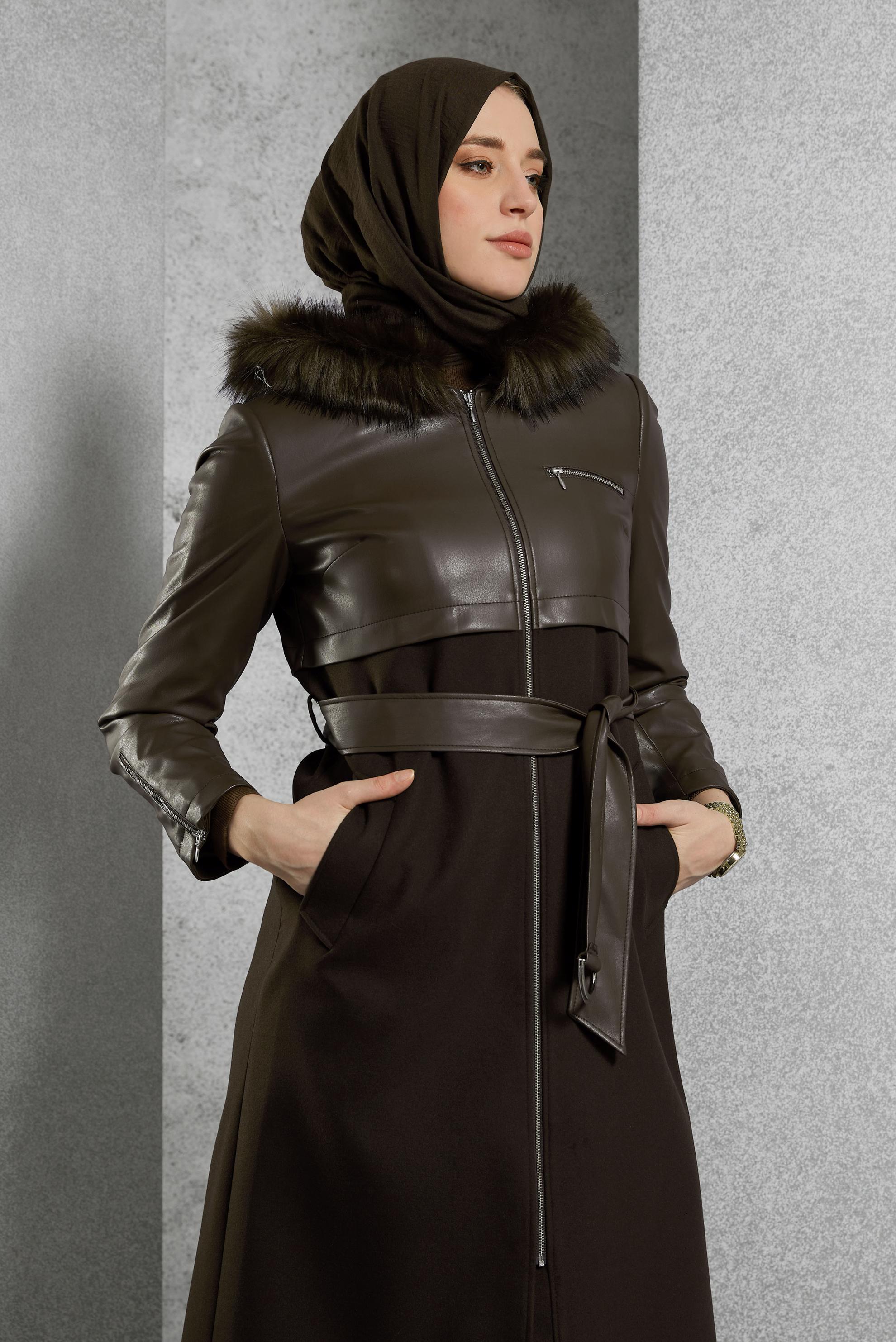 Hijab clothing BROWN BELTED HOODED COAT 90553