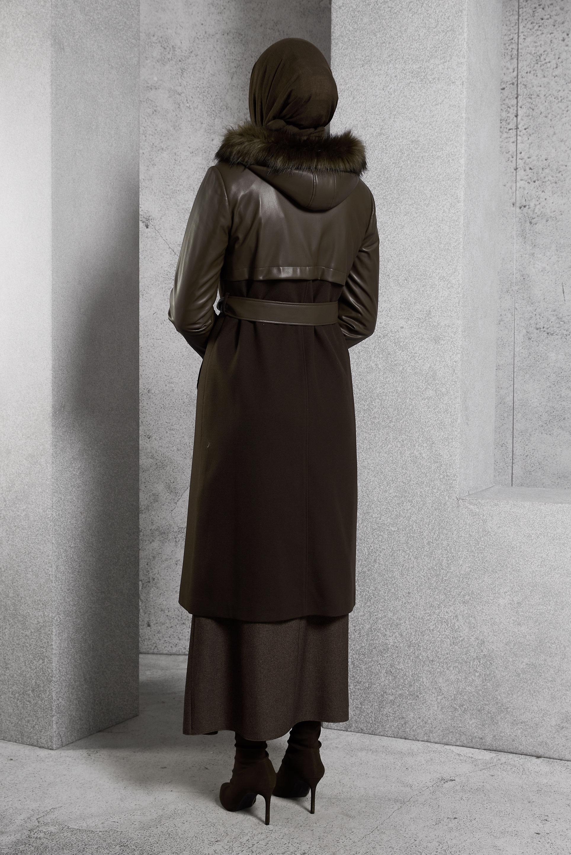 Hijab clothing BROWN BELTED HOODED COAT 90553