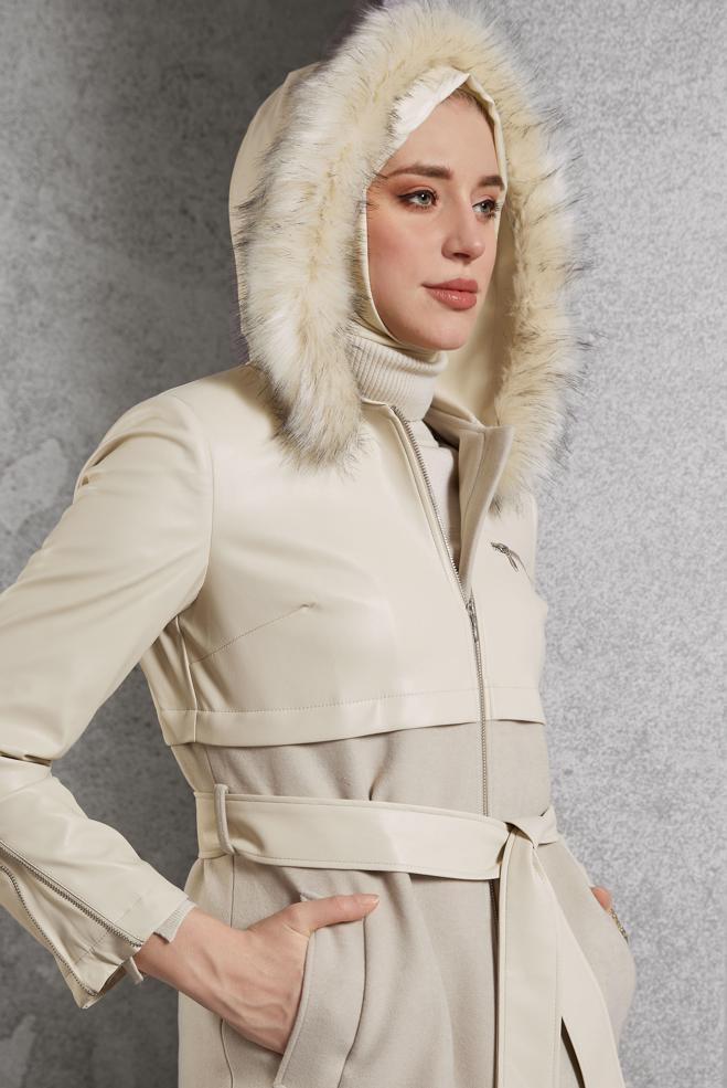 Hijab clothing BEIGE BELTED HOODED COAT 90553 - ALVİNA