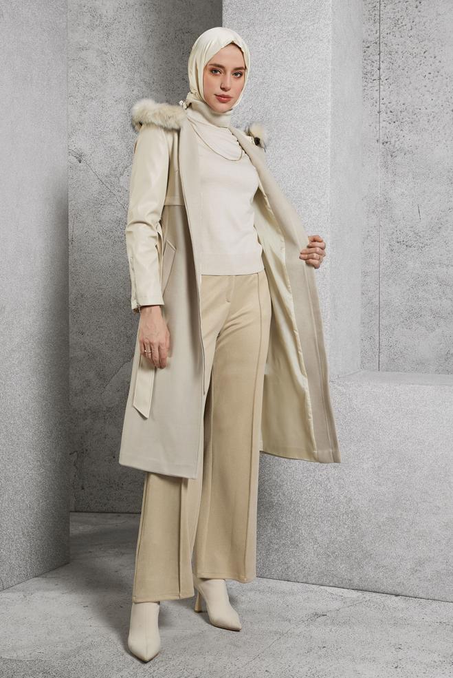 Hijab clothing BEIGE BELTED HOODED COAT 90553 - ALVİNA