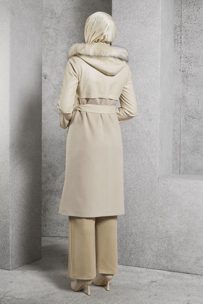 Hijab clothing BEIGE BELTED HOODED COAT 90553 - ALVİNA
