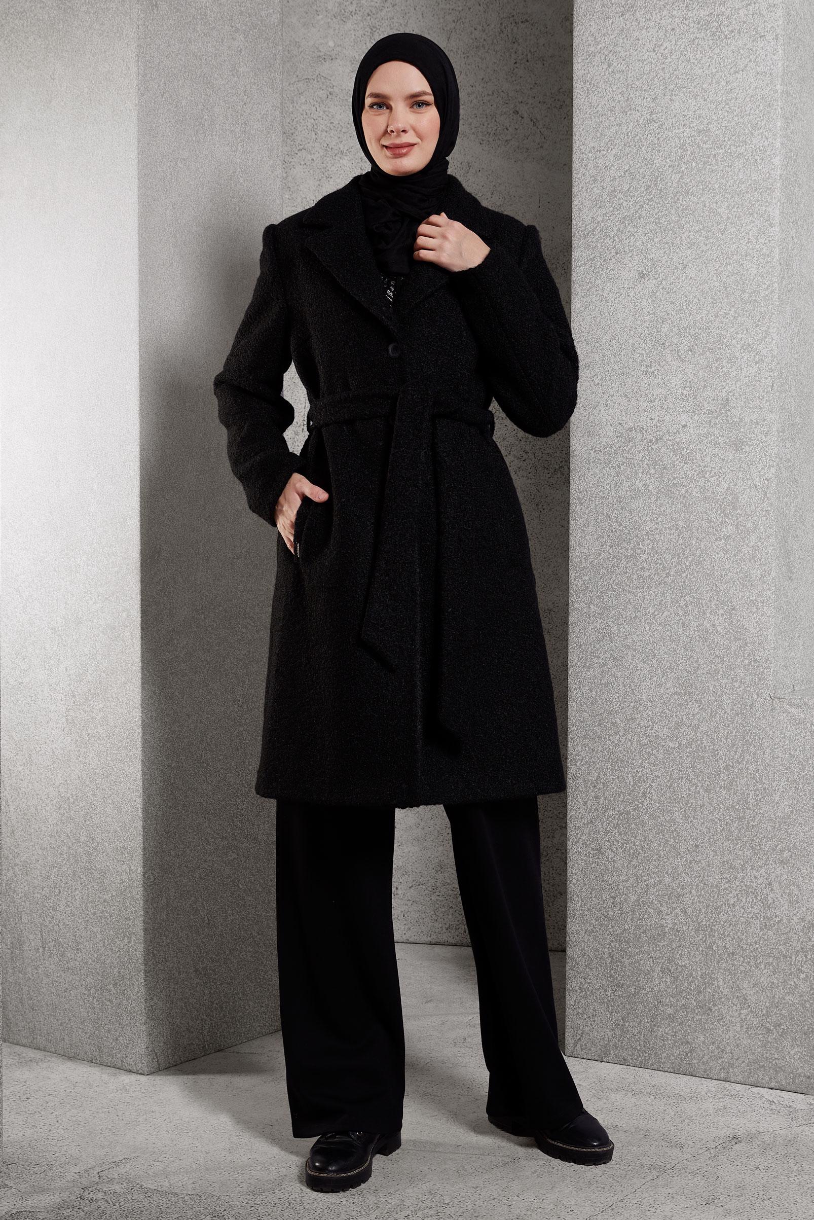 Tesettür giyim SİYAH KUŞAKLI KABAN 90556
