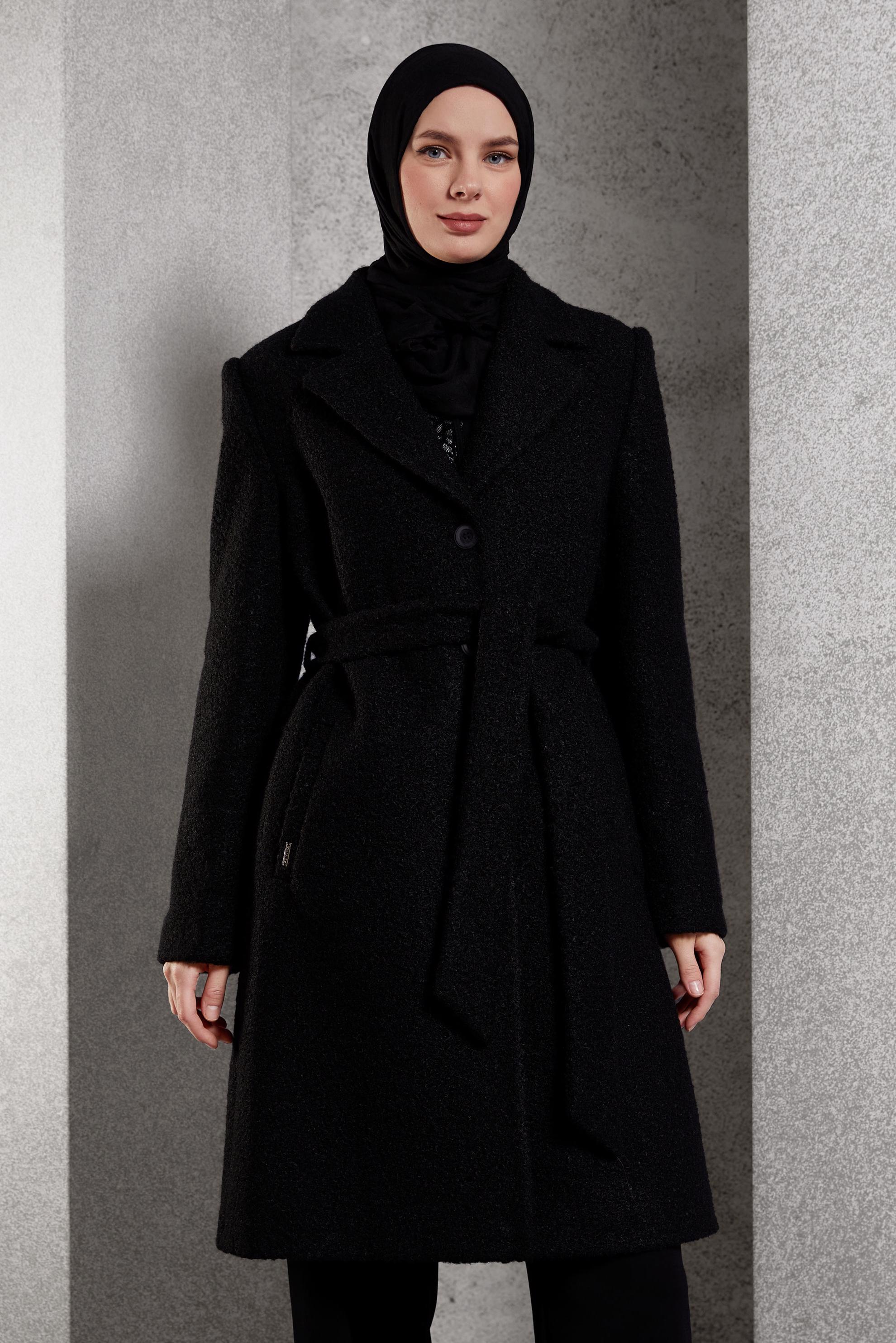 Tesettür giyim SİYAH KUŞAKLI KABAN 90556