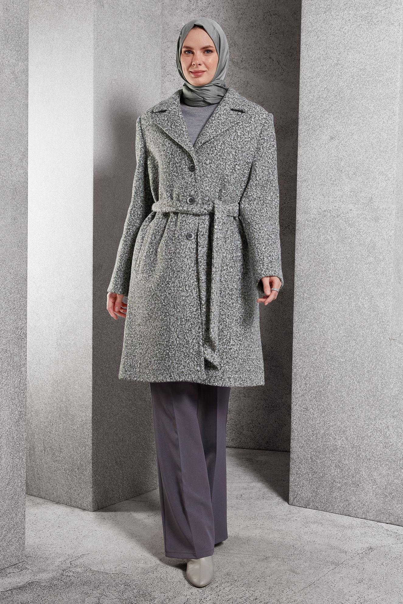 Tesettür giyim GRİ KUŞAKLI KABAN 90556