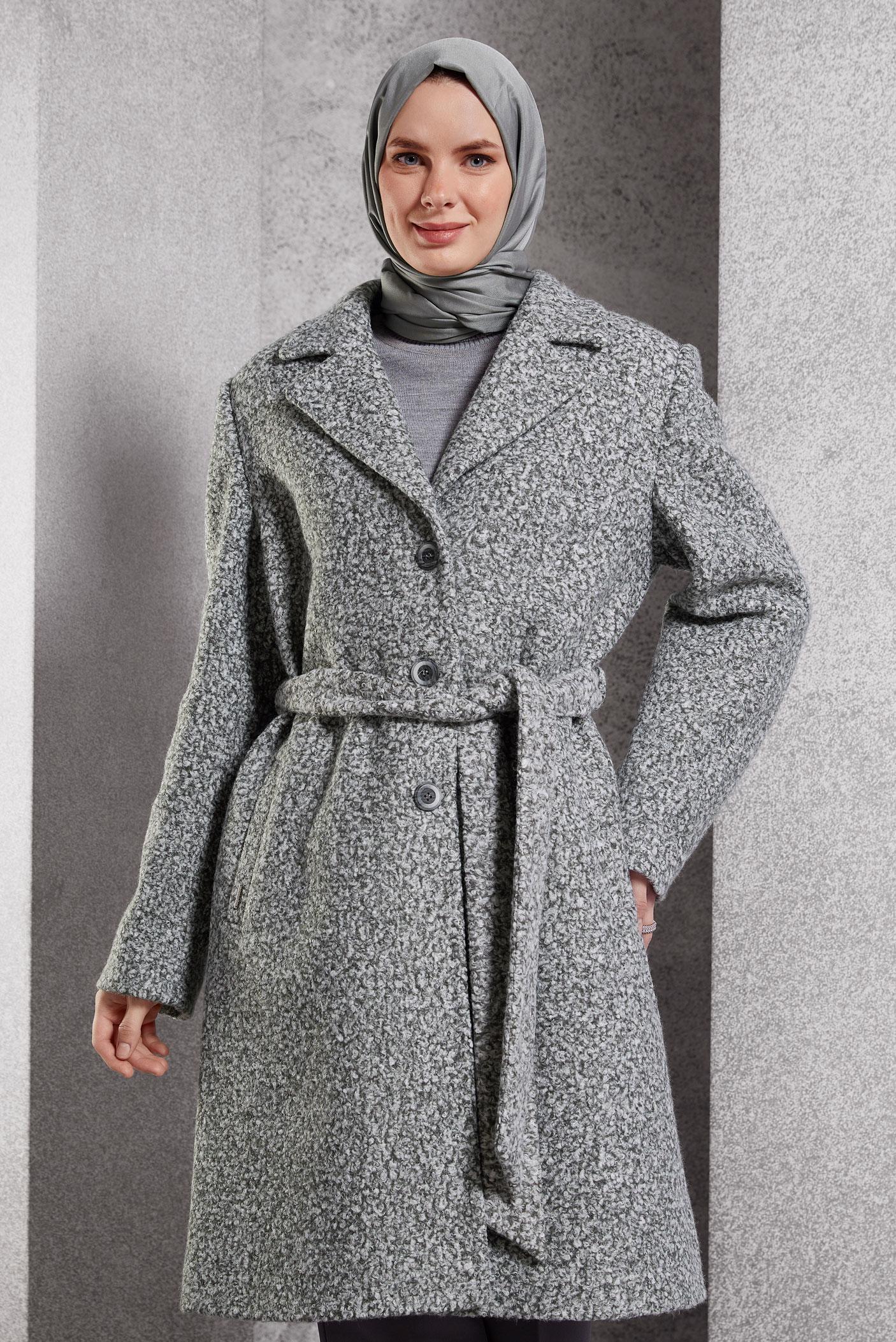 Tesettür giyim GRİ KUŞAKLI KABAN 90556