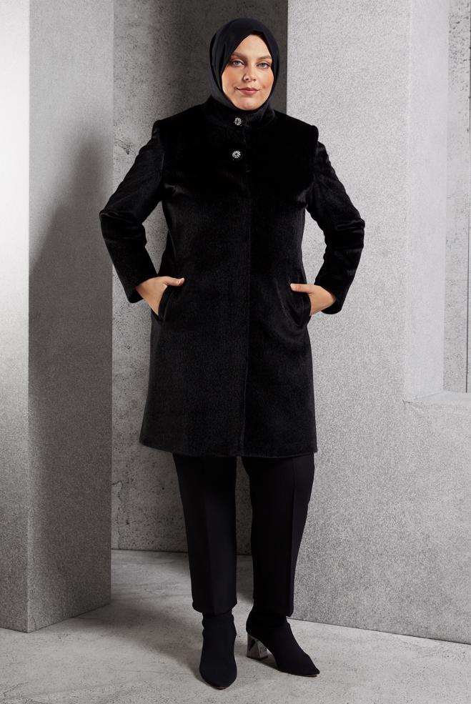 Vêtements hijab NOIR MANTEAU GRANDE TAILLE 90557 - ALVİNA