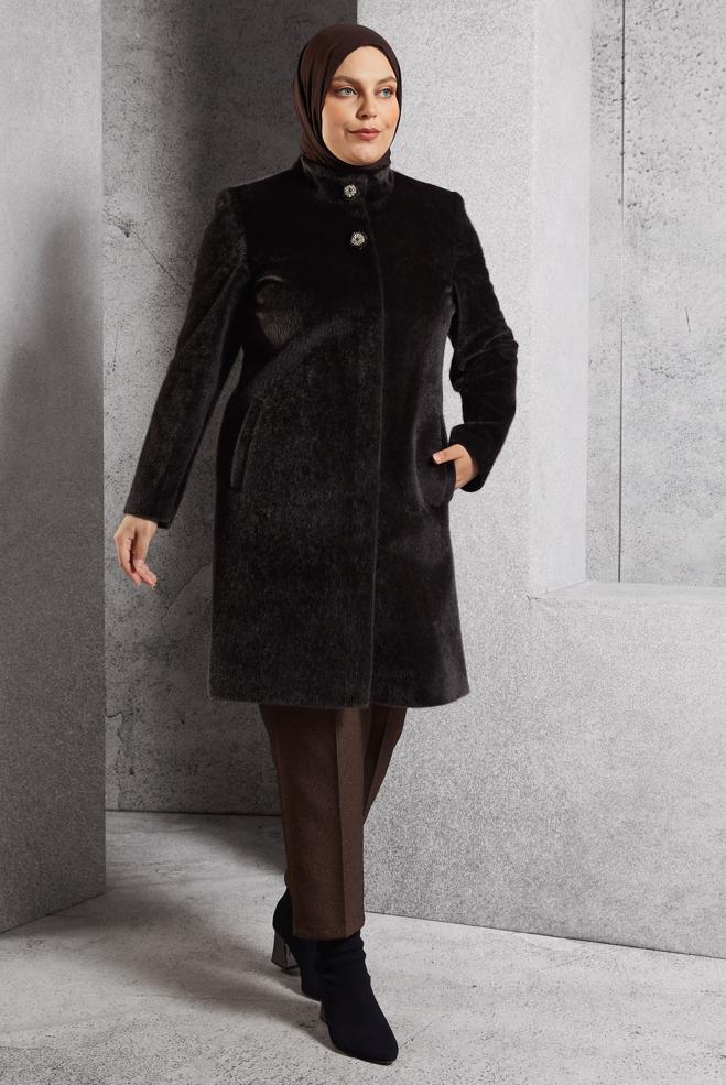 Vêtements hijab BRUN MANTEAU GRANDE TAILLE 90557 - ALVİNA